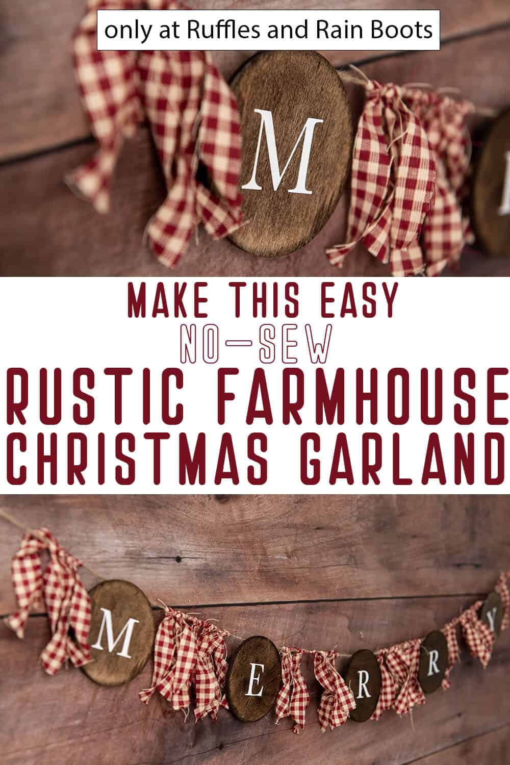 easy christmas craft holiday farmhouse garland with text which reads make this easy no-sew rustic farmhouse christmas garland