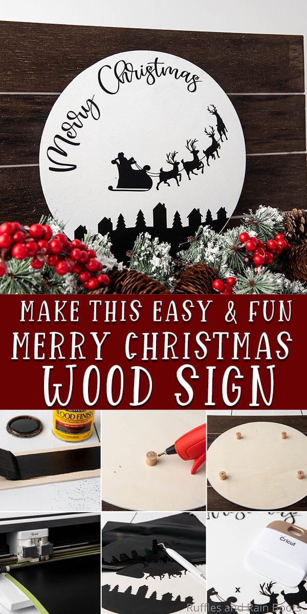 photo collage of wood round scene sign for santa's sleigh with text which reads make this easy & fun santa wood round sign