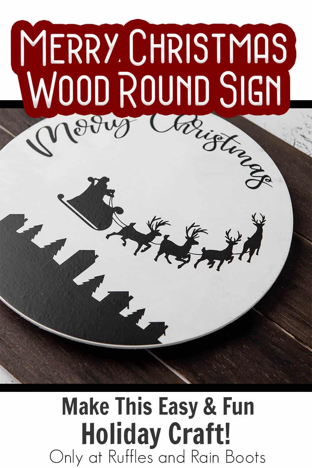 santa sleigh wood round sign with text which reads merry christmas wood round sign make this easy & fun holiday craft!