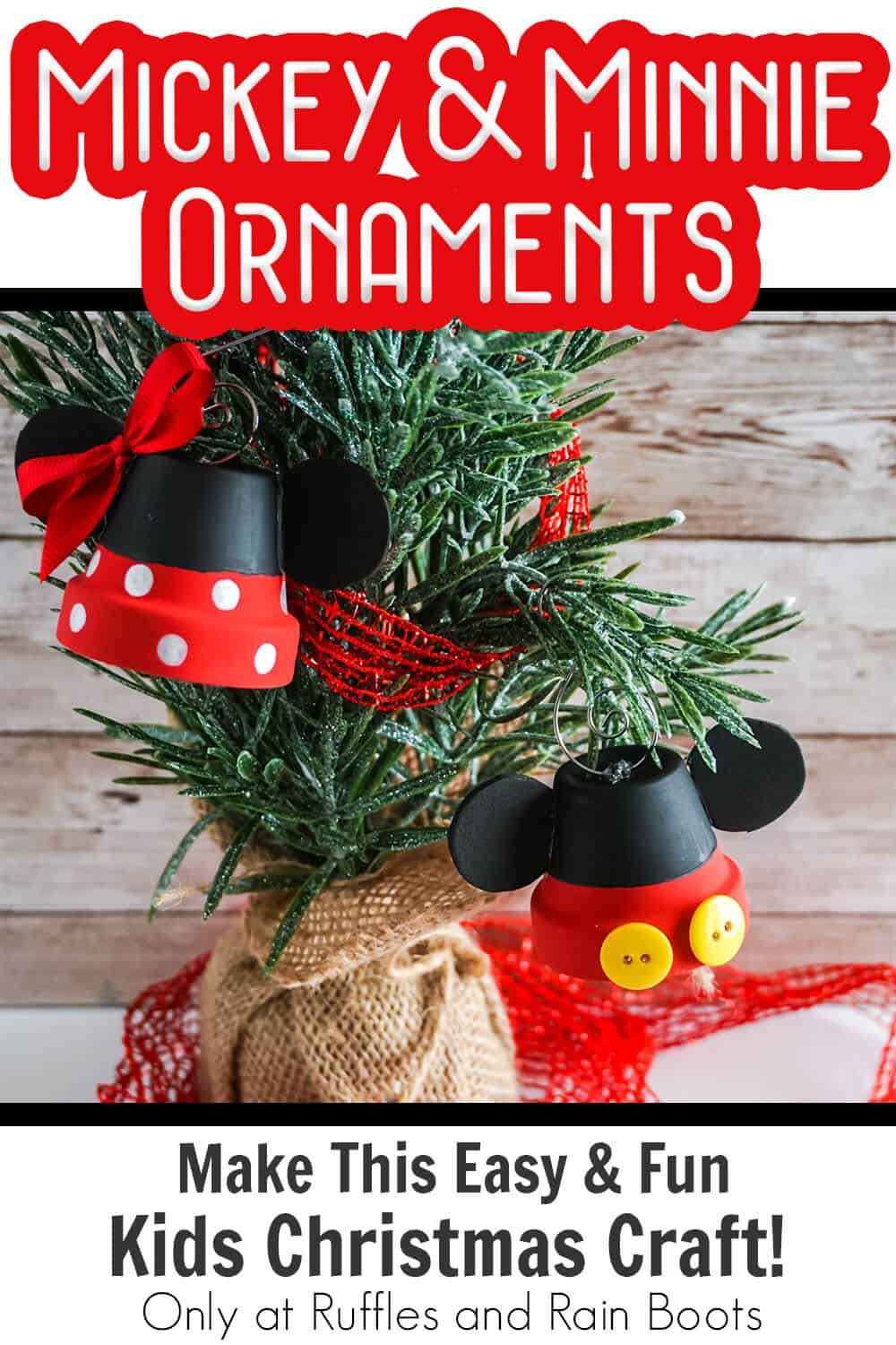 handmade christmas ornament set mickey and minnie with text which reads mickey & minnie ornaments make this easy & fun kids christmas craft!