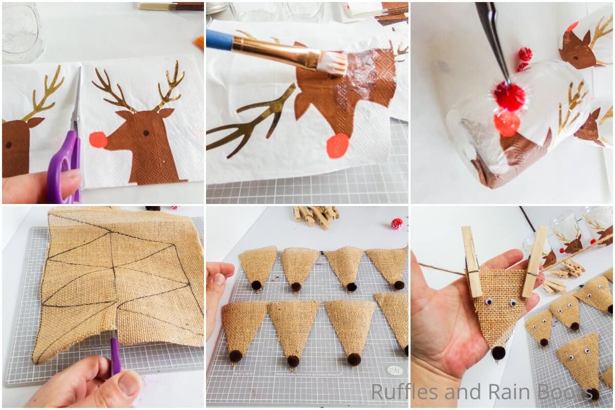 photo collage tutorial of how to make a reindeer garland in a mason jar kit