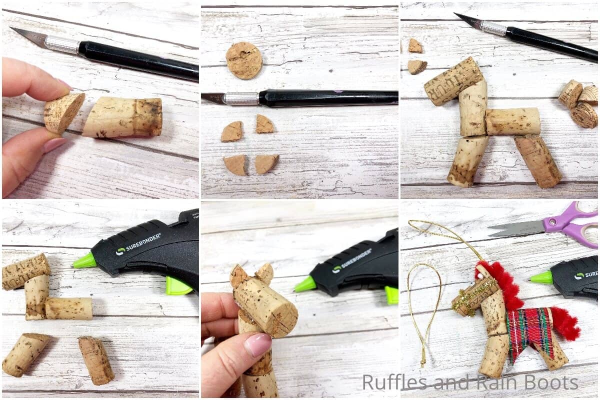 photo collage tutorial of how to make a scandinavian dala horse ornament from a wine cork