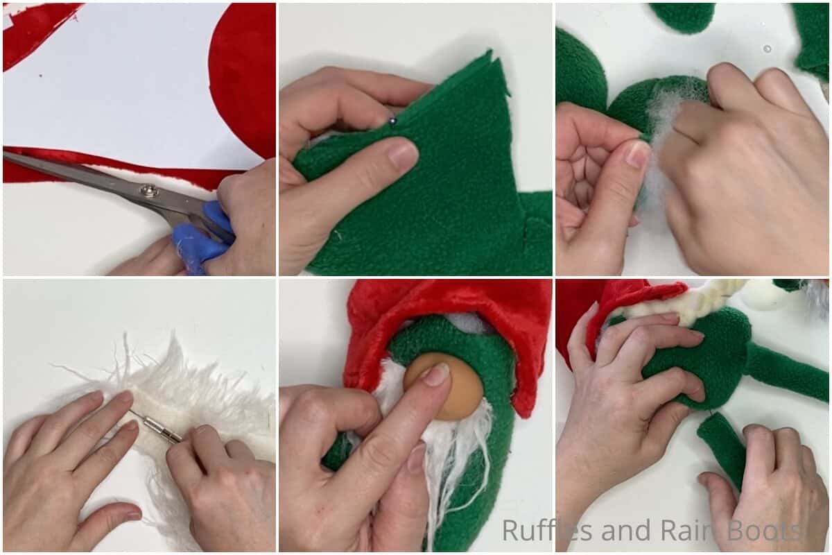 photo collage tutorial of how to make a sewn gnome pattern using the bubble body gnome pattern