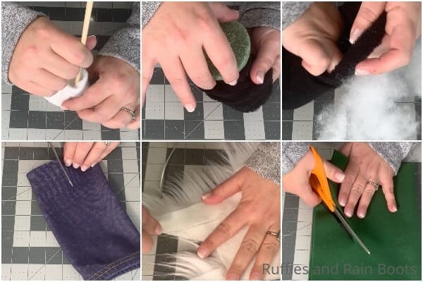 photo collage tutorial of a crafter making a standing sock gnome