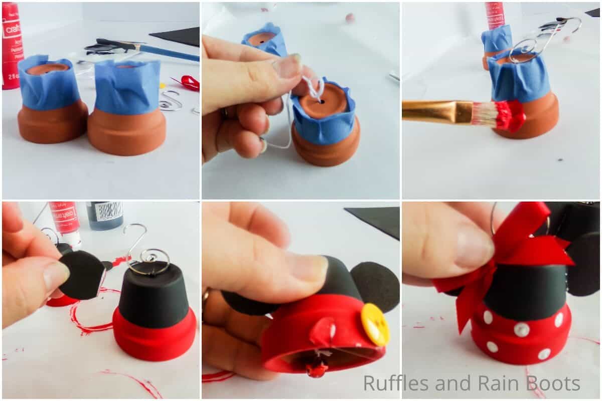 photo collage tutorial of how to make mickey & minnie ornaments