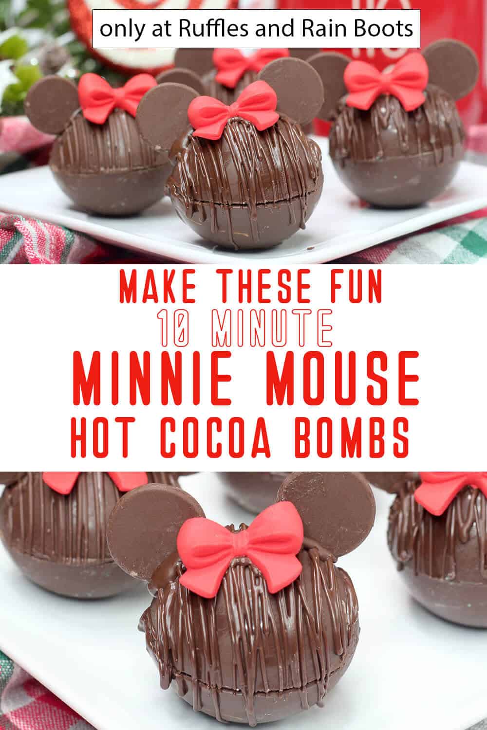 photo collage of minnie hot chocolate bombs with text which reads make these fun 10-minute minnie mouse hot cocoa bombs
