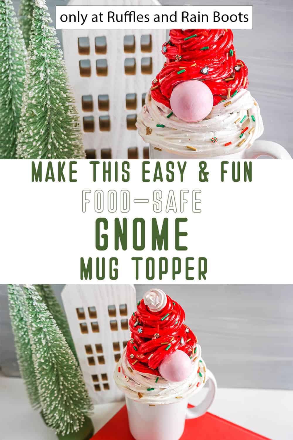 photo collage of mug topper gnome diy craft with text which reads make this easy & fun food-safe gnome mug topper
