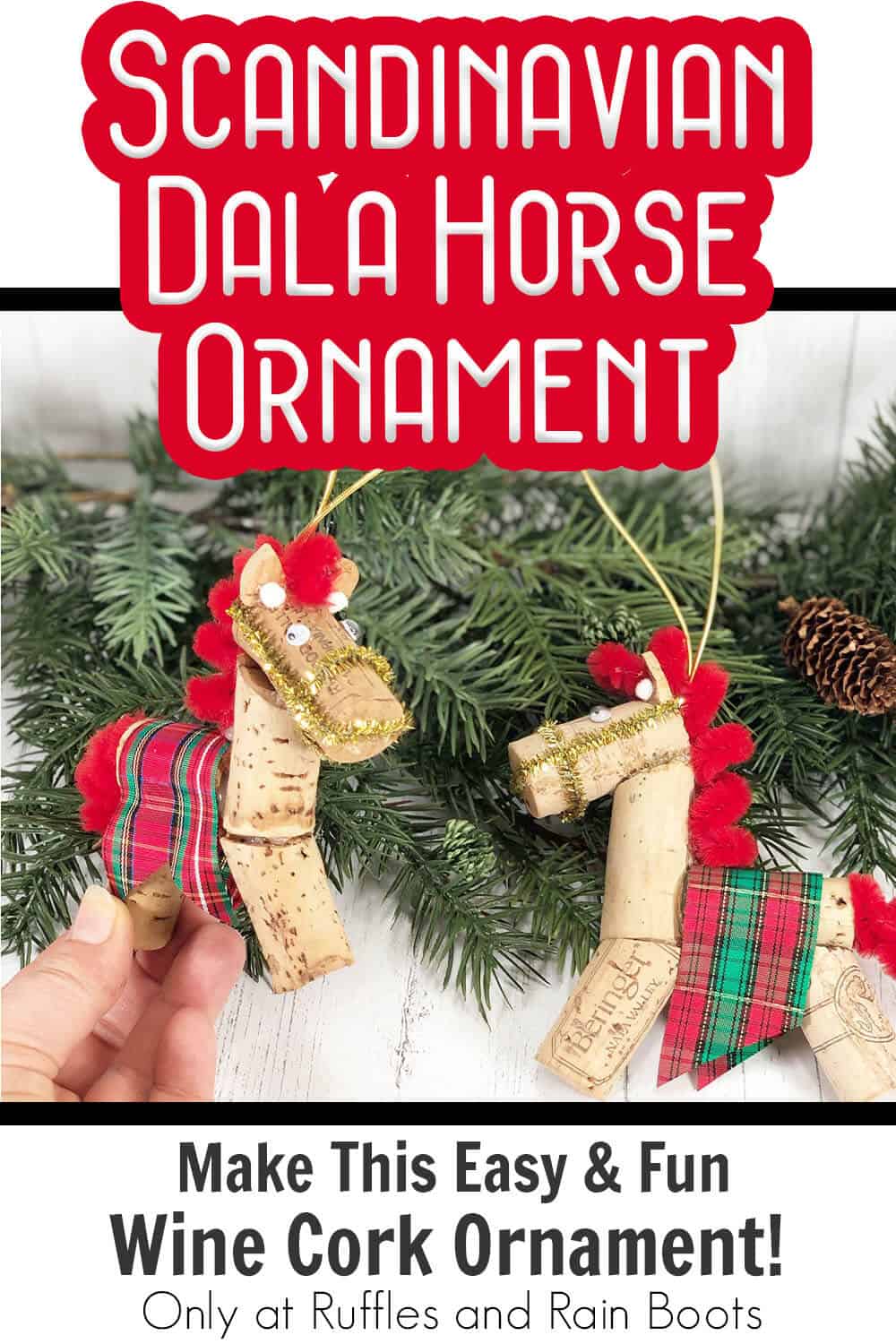 scandinavian dala horse christmas ornament with text which reads scandinavian dala horse ornament make this easy & fun wine cork ornament!