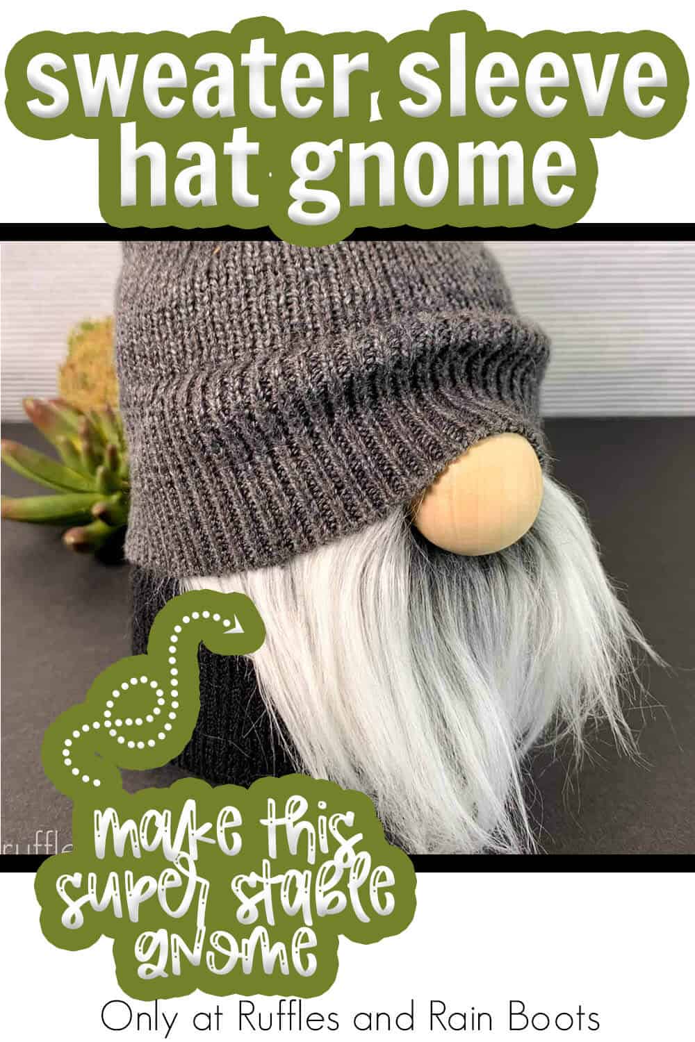 DIY gnome that won't tip over with text which reads sweater sleeve hat gnome make this super stable gnome.