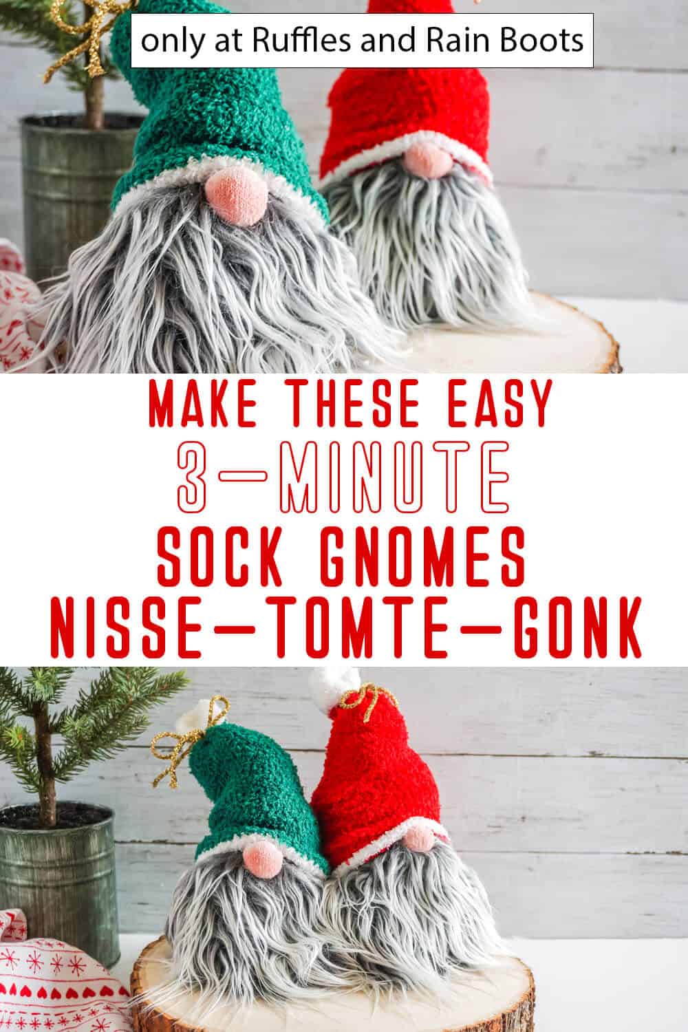 Photo collage of DIY sock gnomes with text which reads make these easy 3-minute sock gnomes nisse-tomte-gonk.