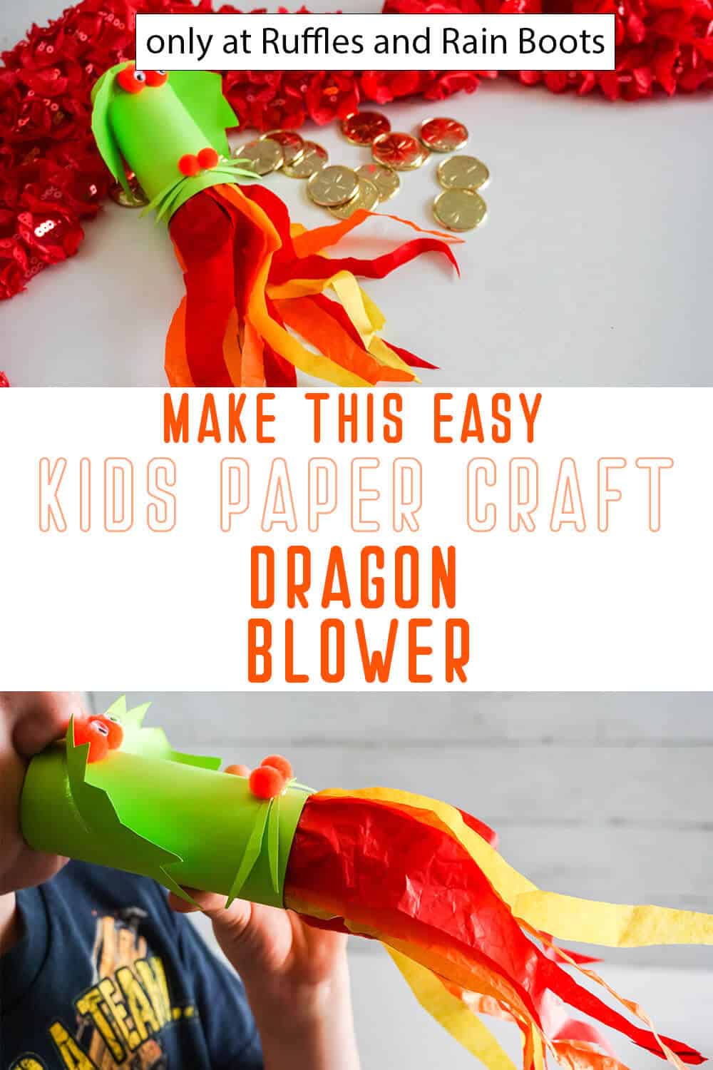Photo collage of dragon paper blower paper craft for kids with text which reads make this easy kids paper craft dragon blower.
