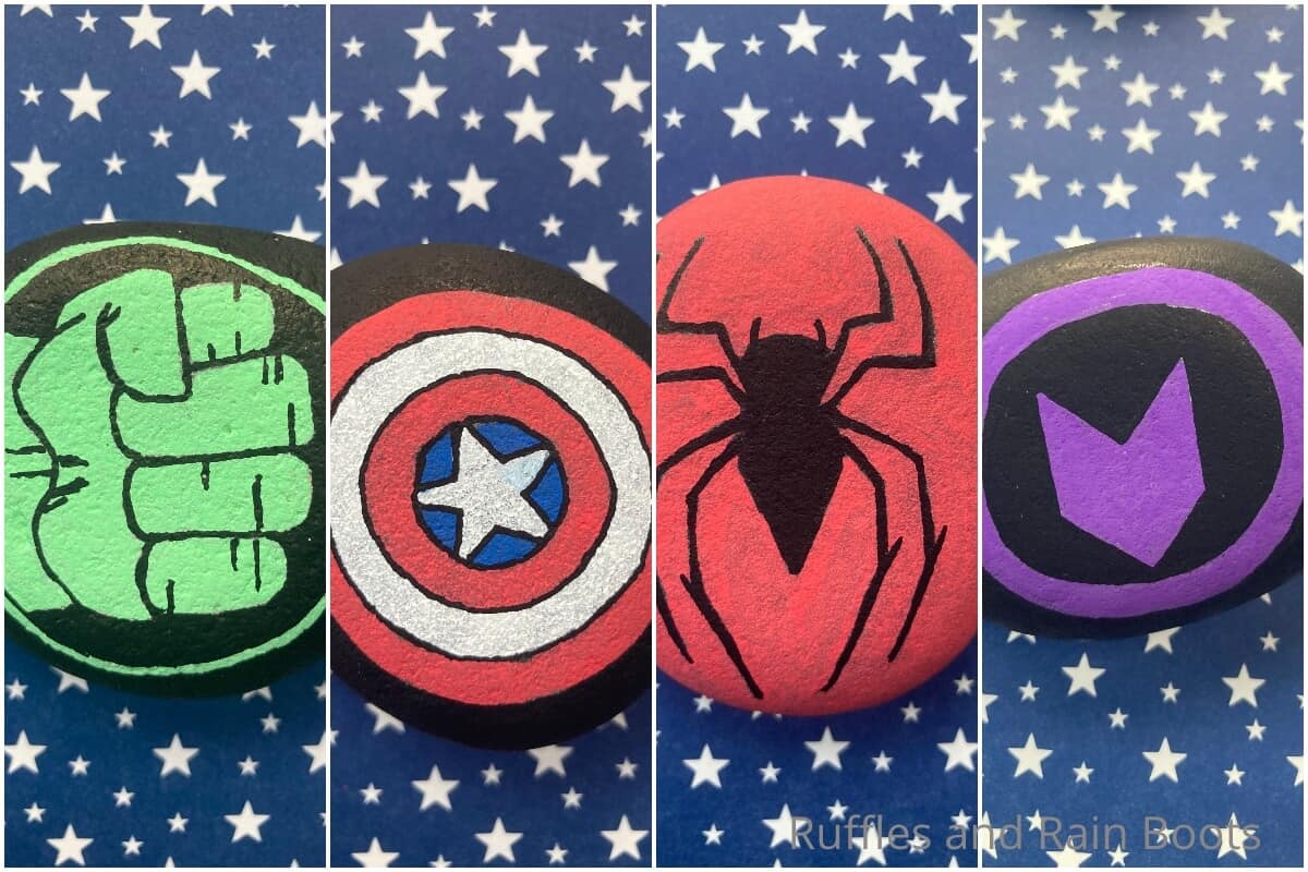 photo collage of easy marvel rock painting craft for kids