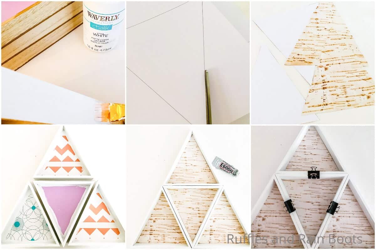 photo collage tutorial of how to make a dollar tree triangle shelf geometric shelf