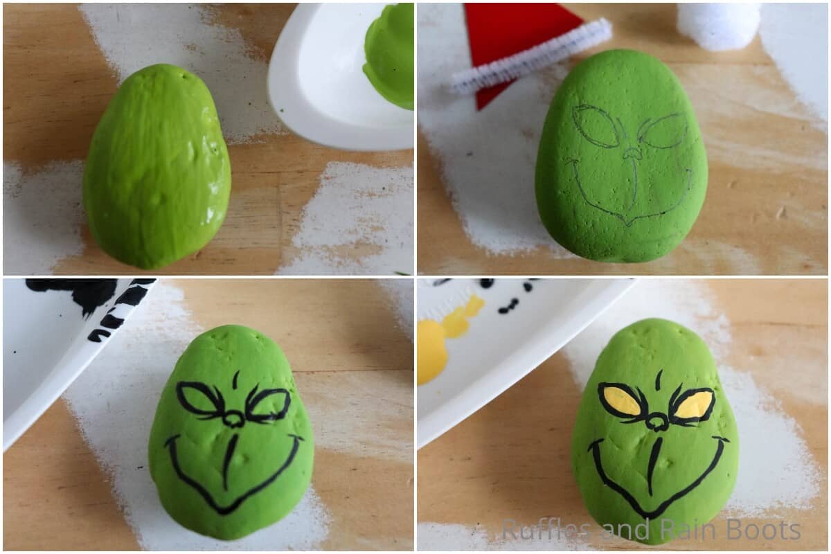 photo collage tutorial of how to make a grinch painted rock