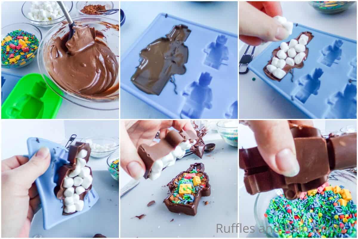 photo collage tutorial of how to make a lego hot cocoa bombs