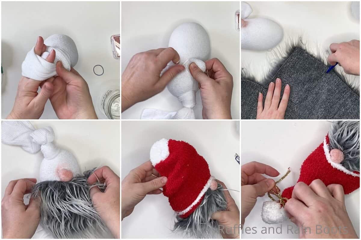 photo collage tutorial of how to make a sock gnome in 3 minutes