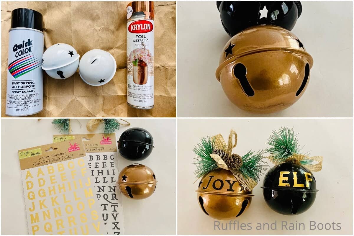 photo collage tutorial of how to make dollar tree farmhouse bell ornaments