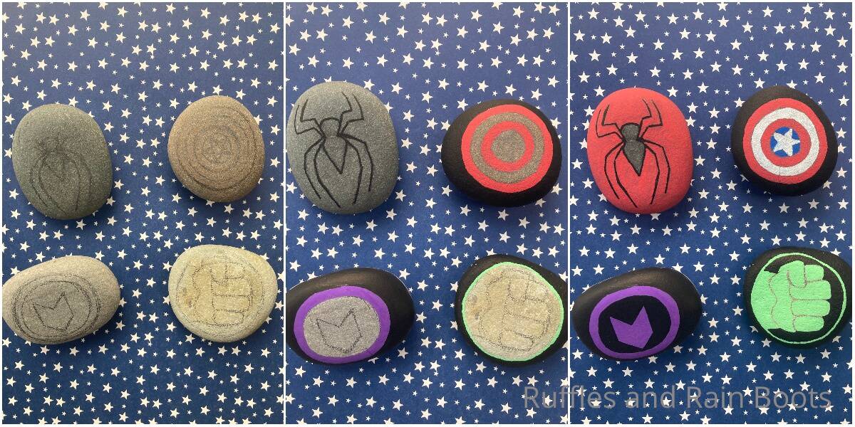 photo collage of how to make marvel painted rocks