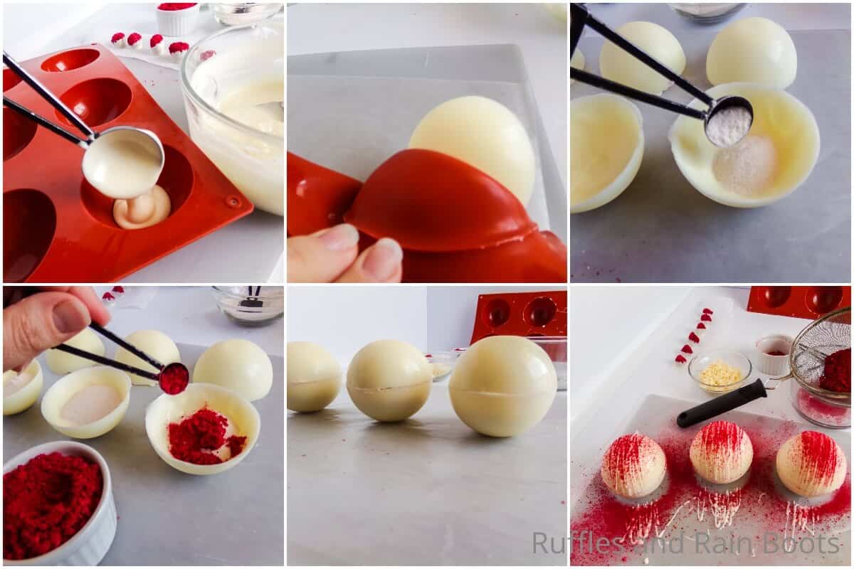 photo collage tutorial of how to make raspberry white chocolate hot cocoa bombs