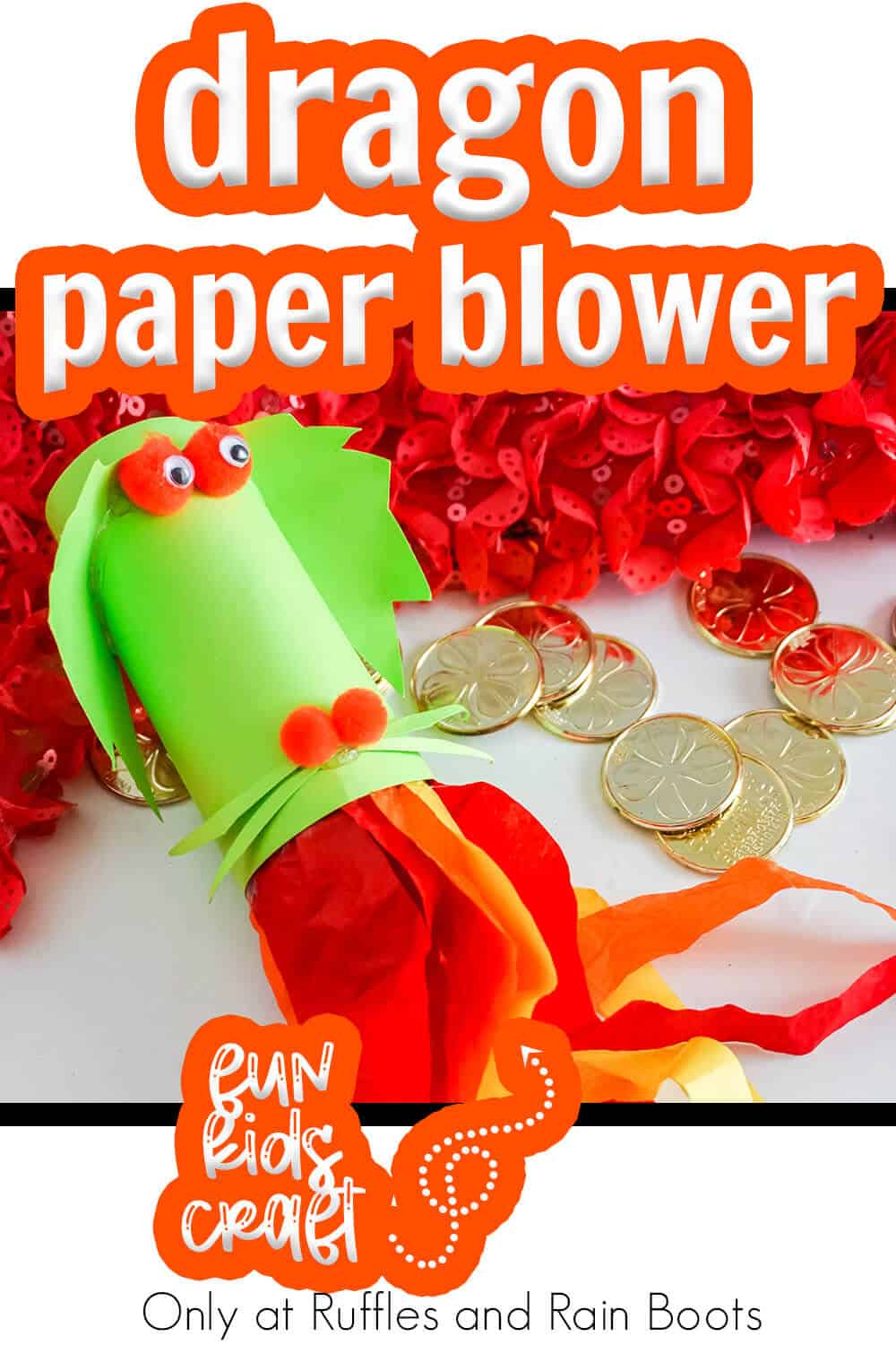 Kids craft fire breathing dragon blower with text which reads dragon paper blower kids paper craft.