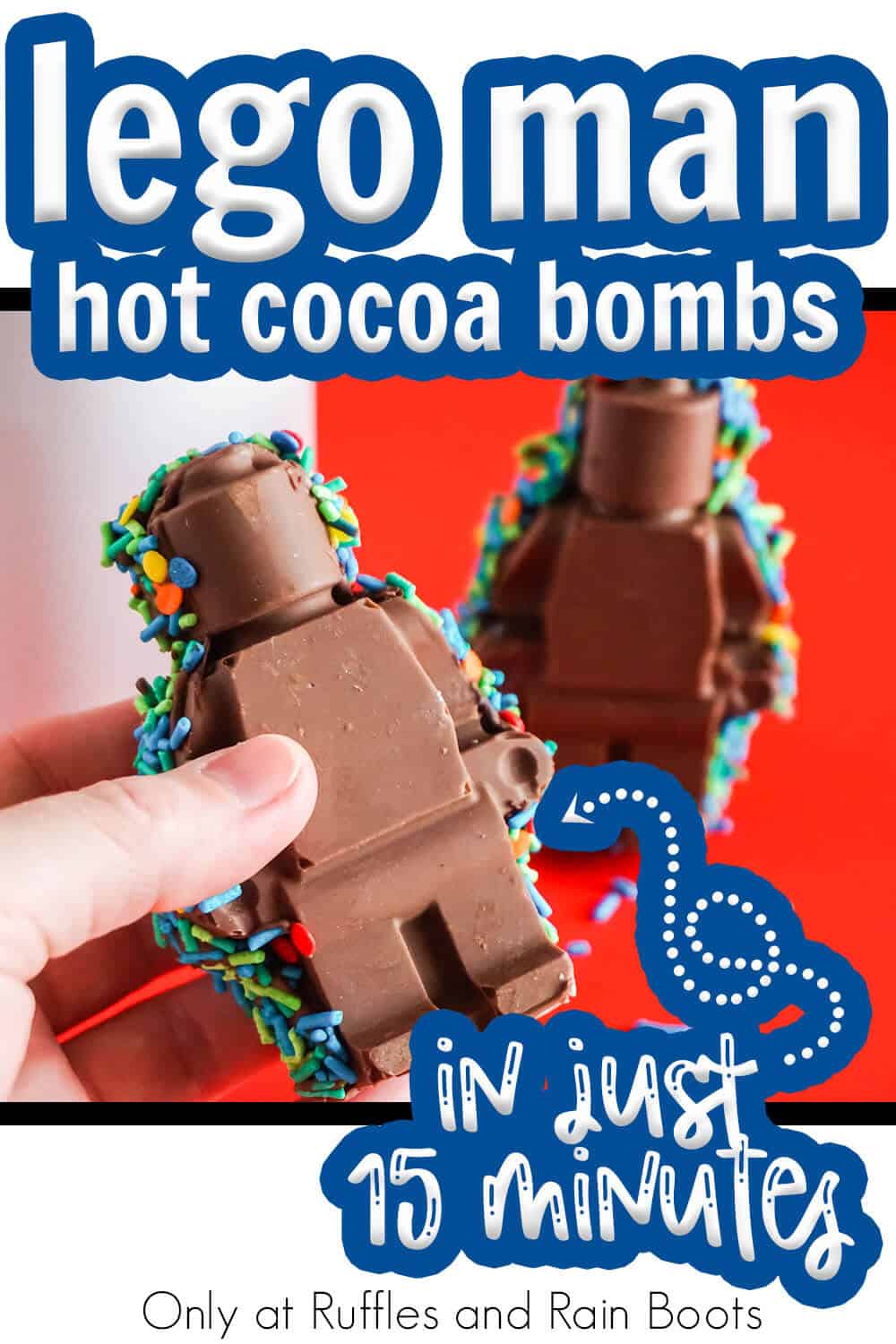 lego men hot cocoa bomb with text which reads lego man hot cocoa bombs in just 15-minutes