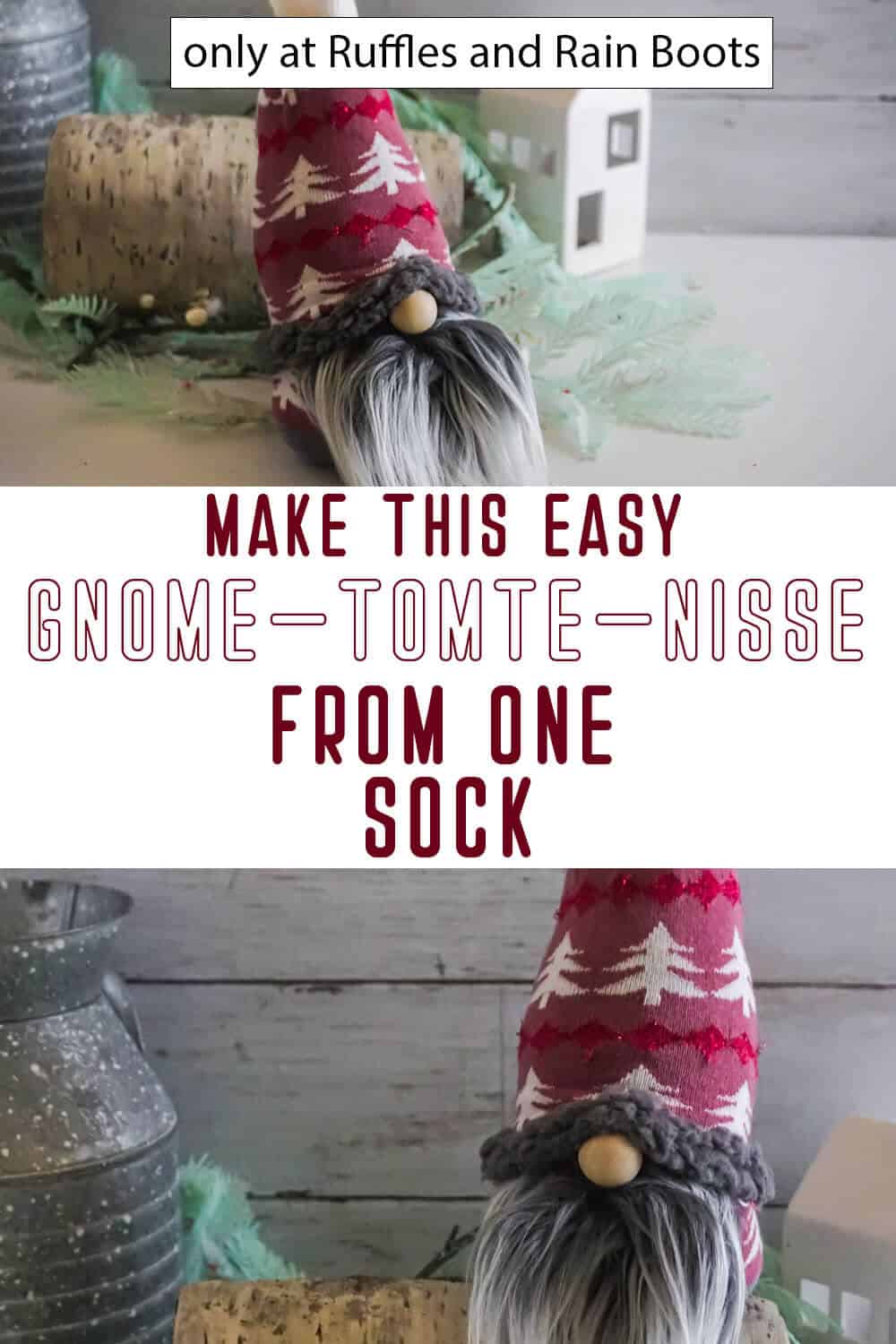 Photo collage of one sock gnome with text which reads make this easy gnome tomte nisse from one sock.