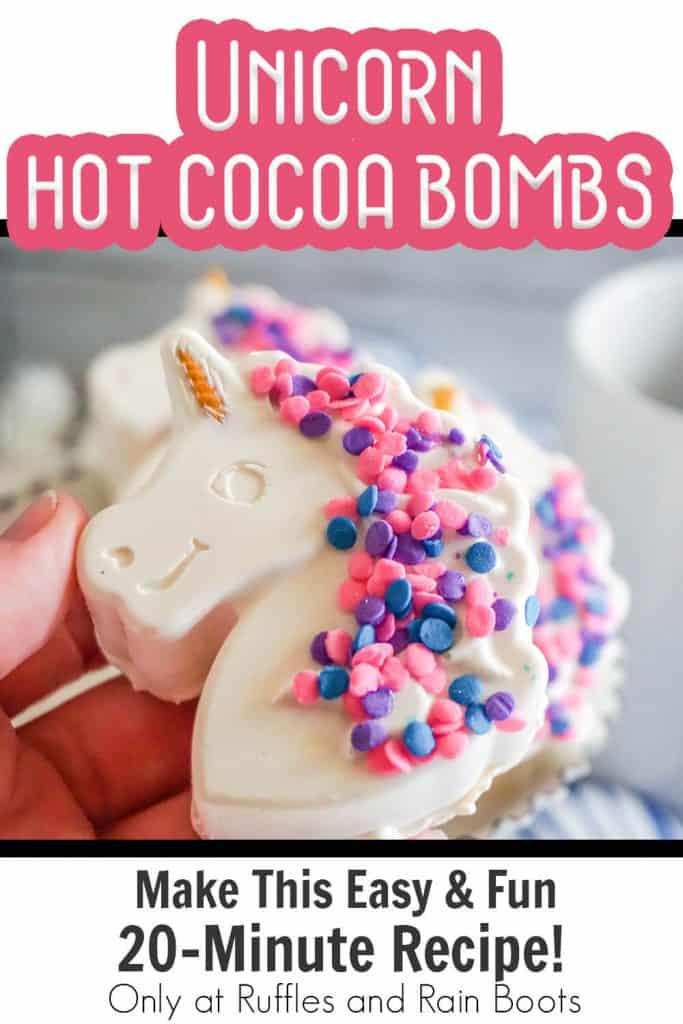 unicorn hot chocolate bombs made with white chocolate with text which reads unicorn hot cocoa bombs make this easy & fun 20-minute recipe!