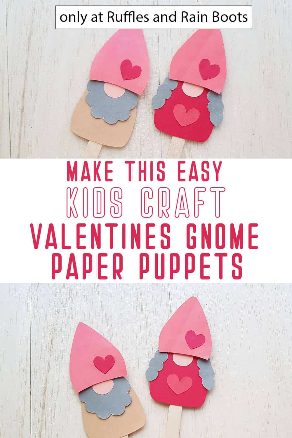 photo collage of valentine gnome puppets craft for kids with text which reads make this easy kids craft valentines gnome paper puppets