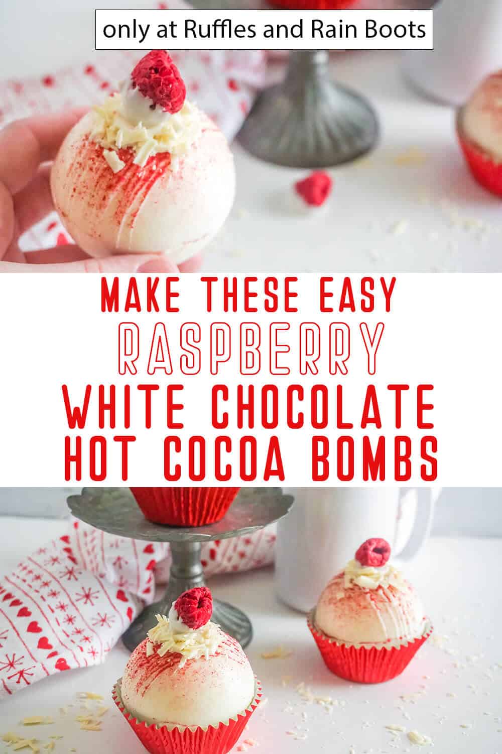 photo collage of white chocolate hot cocoa bombs with raspberry with text which reads make these easy raspberry white chocolate hot cocoa bombs