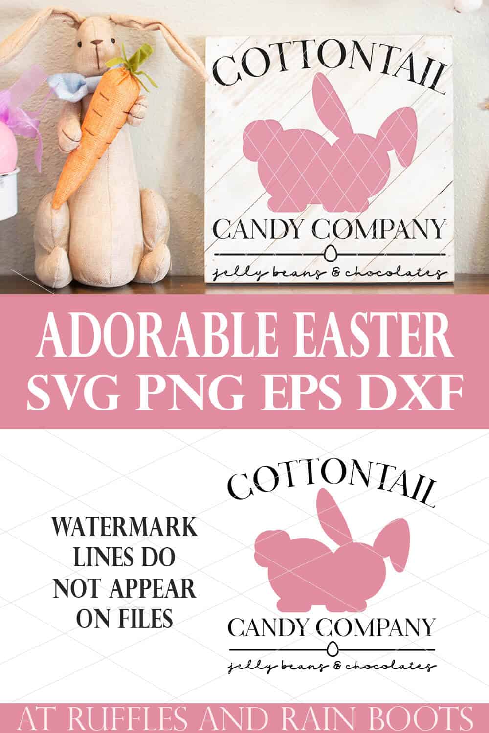 Vertical stacked image of a free Easter SVG Cottontail Candy Company on wood sign next to stuffed vintage bunny with text which reads adorable free Easter SVG.