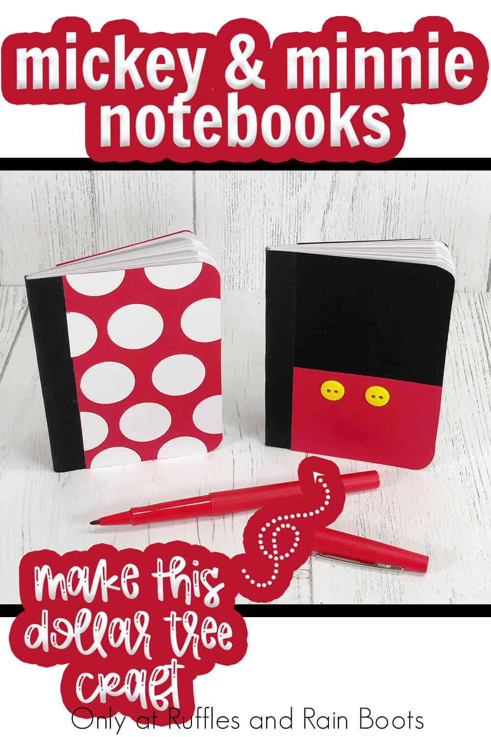 diy dollar tree mickey mouse notebook tutorial with text which reads mickey & minnie notebooks make this dollar tree craft