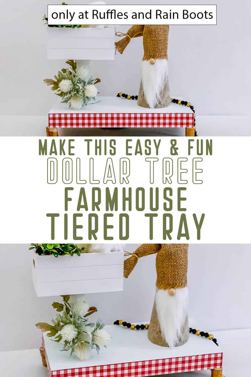 photo collage of dollar tree farmhouse tiered tray with text which reads make this easy & fun dollar tree farmhouse tiered tray