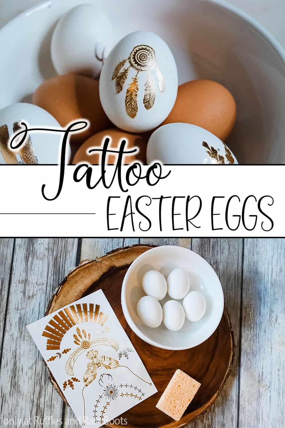 photo collage of easter eggs decorated with tattoos with text which reads tattoo easter eggs