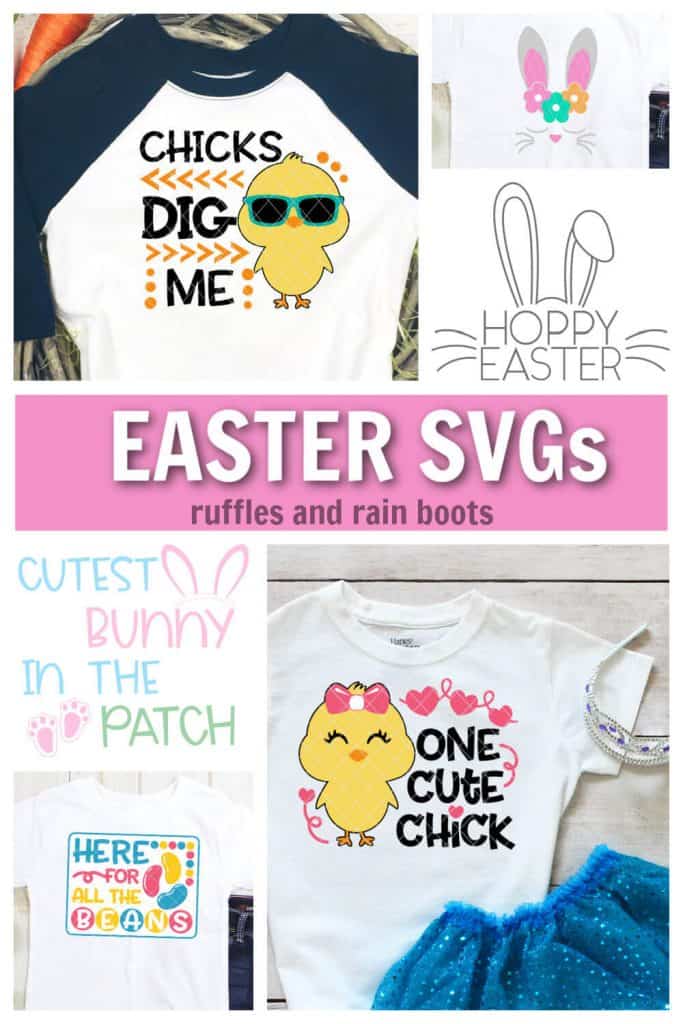 Collage of four Easter cut files on t shirts and close up PNG images with text which reads Easter SVGs ruffles and rain boots.