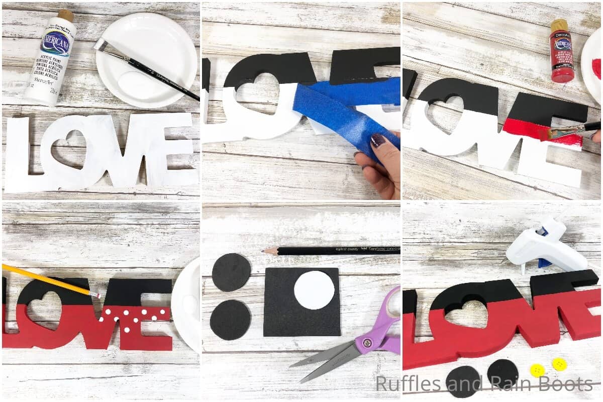 photo collage tutorial of how to make a mickey love sign dollar tree valentines craft