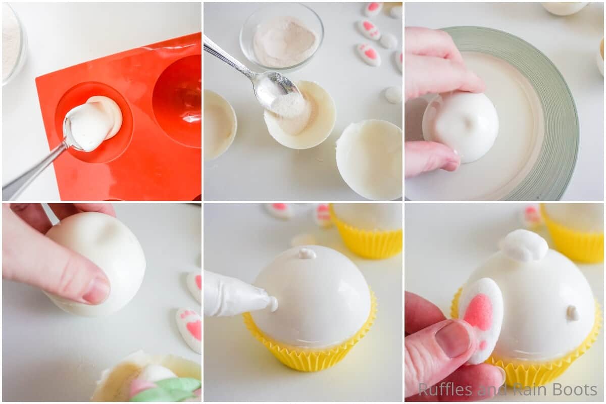 photo collage tutorial of how to make bunny butt hot cocoa bombs for easter