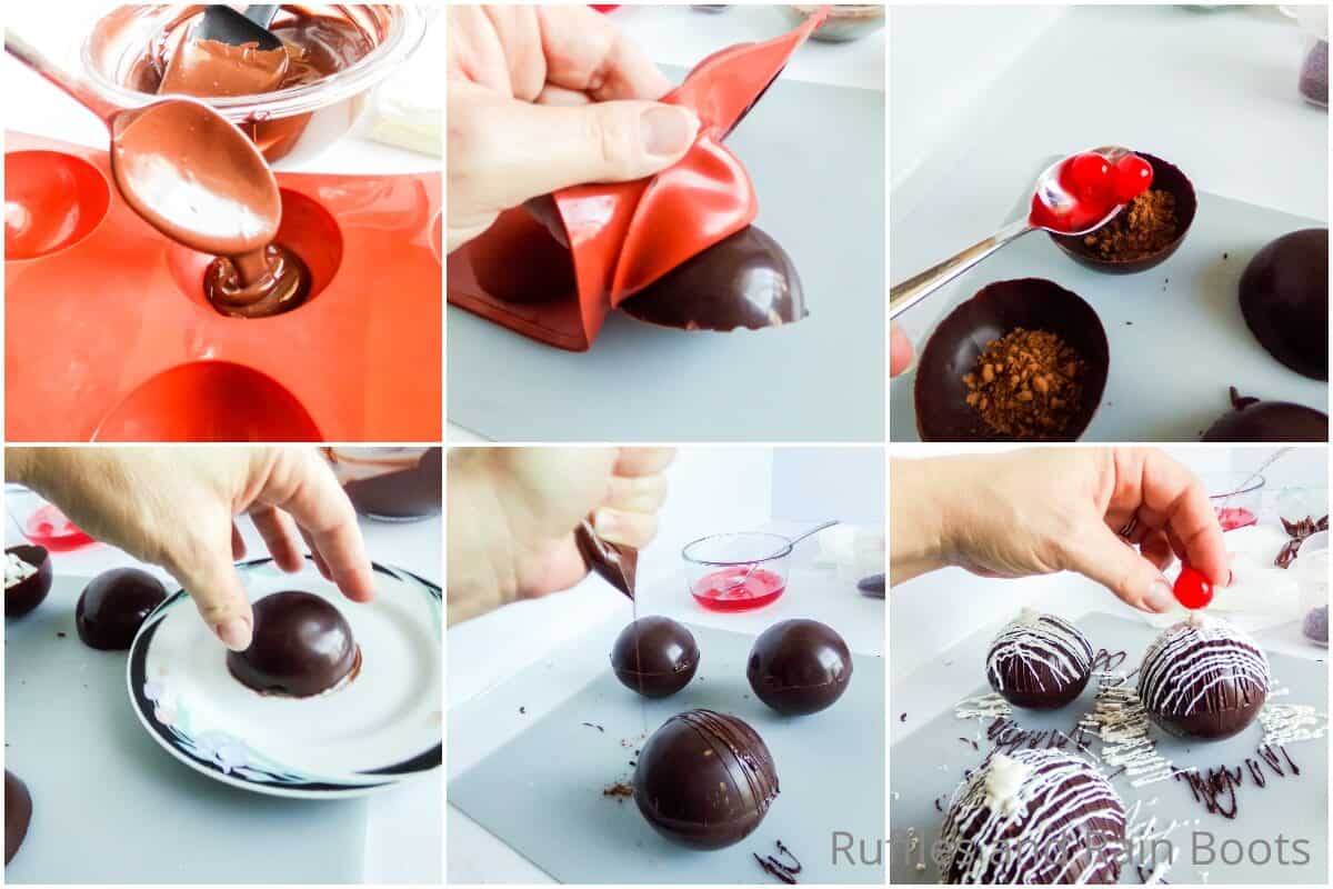 photo collage tutorial of how to make chocolate covered cherry hot cocoa bombs