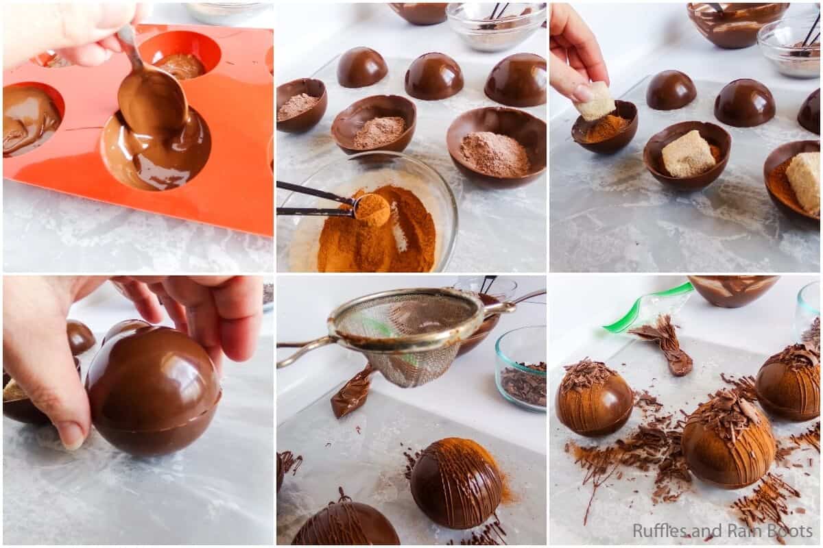 photo collage tutorial of how to make mexican chocolate hot cocoa bombs