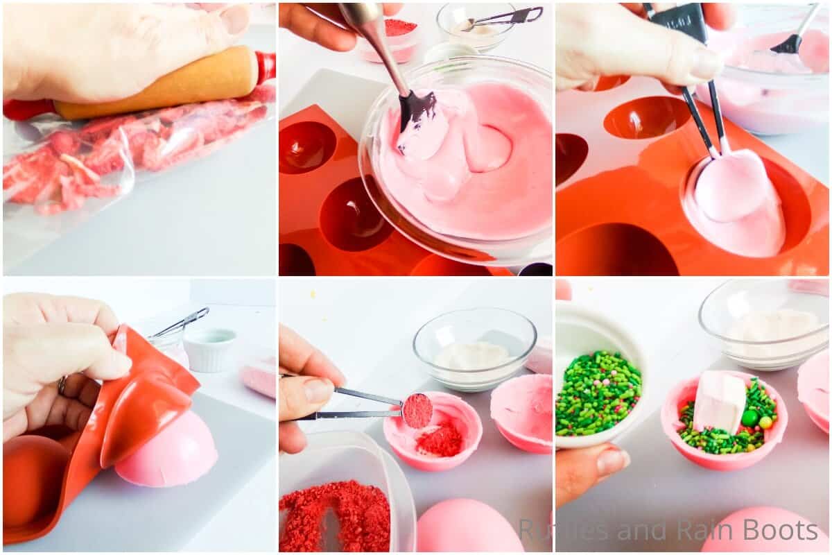 photo collage tutorial of how to make strawberry hot cocoa bombs