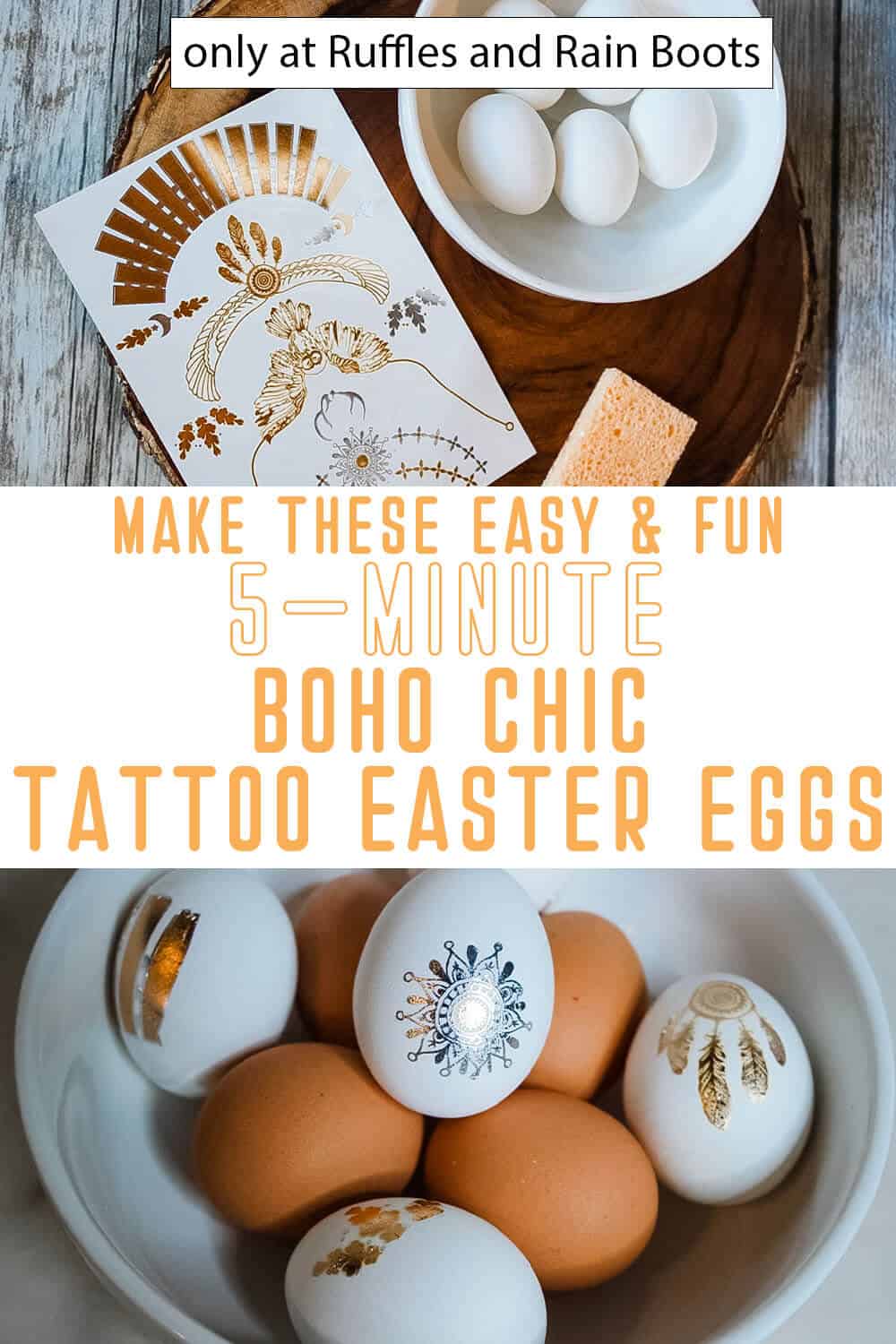 photo collage of metallic tattoo easter eggs with text which reads make these easy & fun 5 minute boho chic tattoo easter eggs