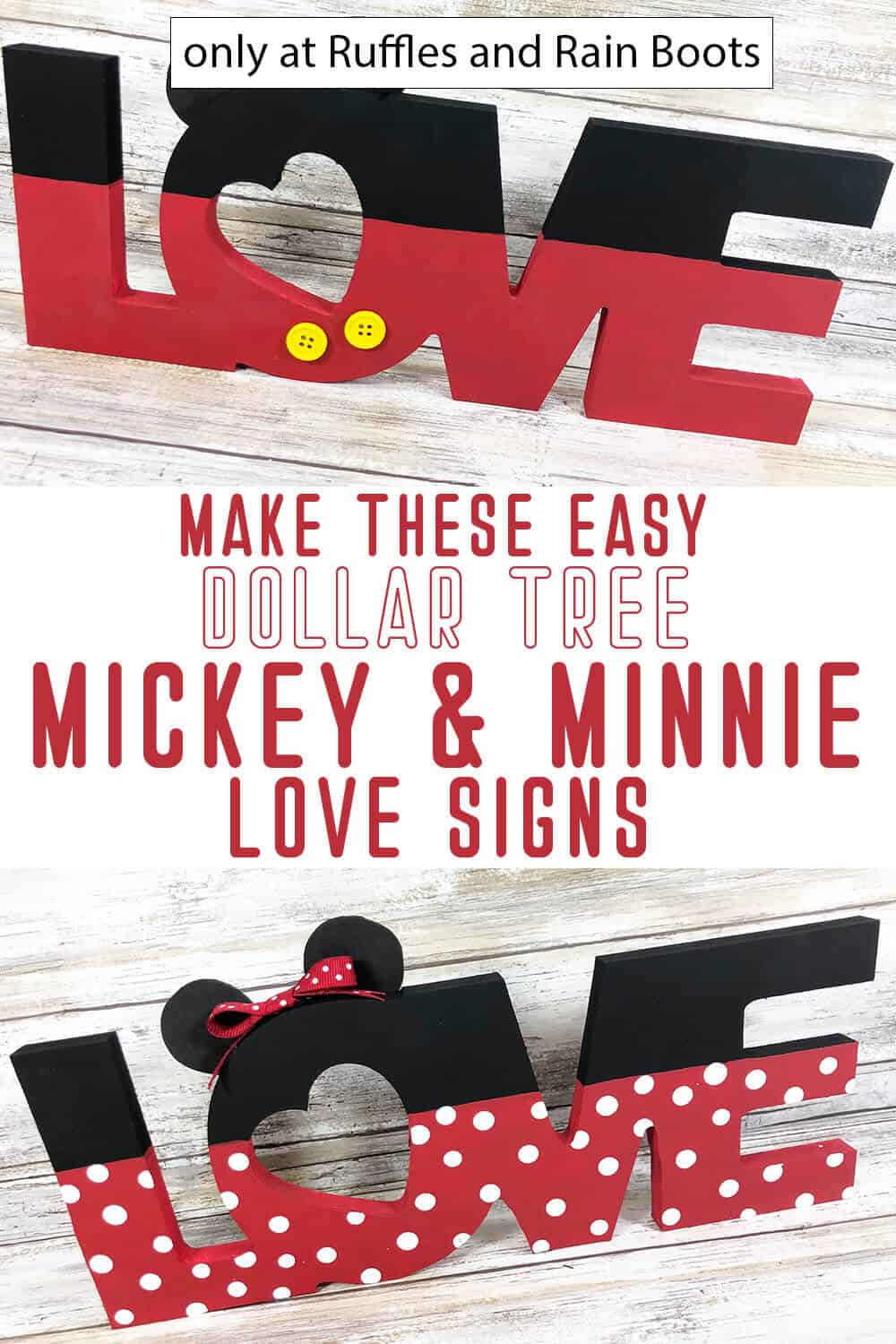 photo collage of mickey and minnie love sign dollar tree craft for valentines with text which reads make these easy dollar tree mickey & minnie love signs