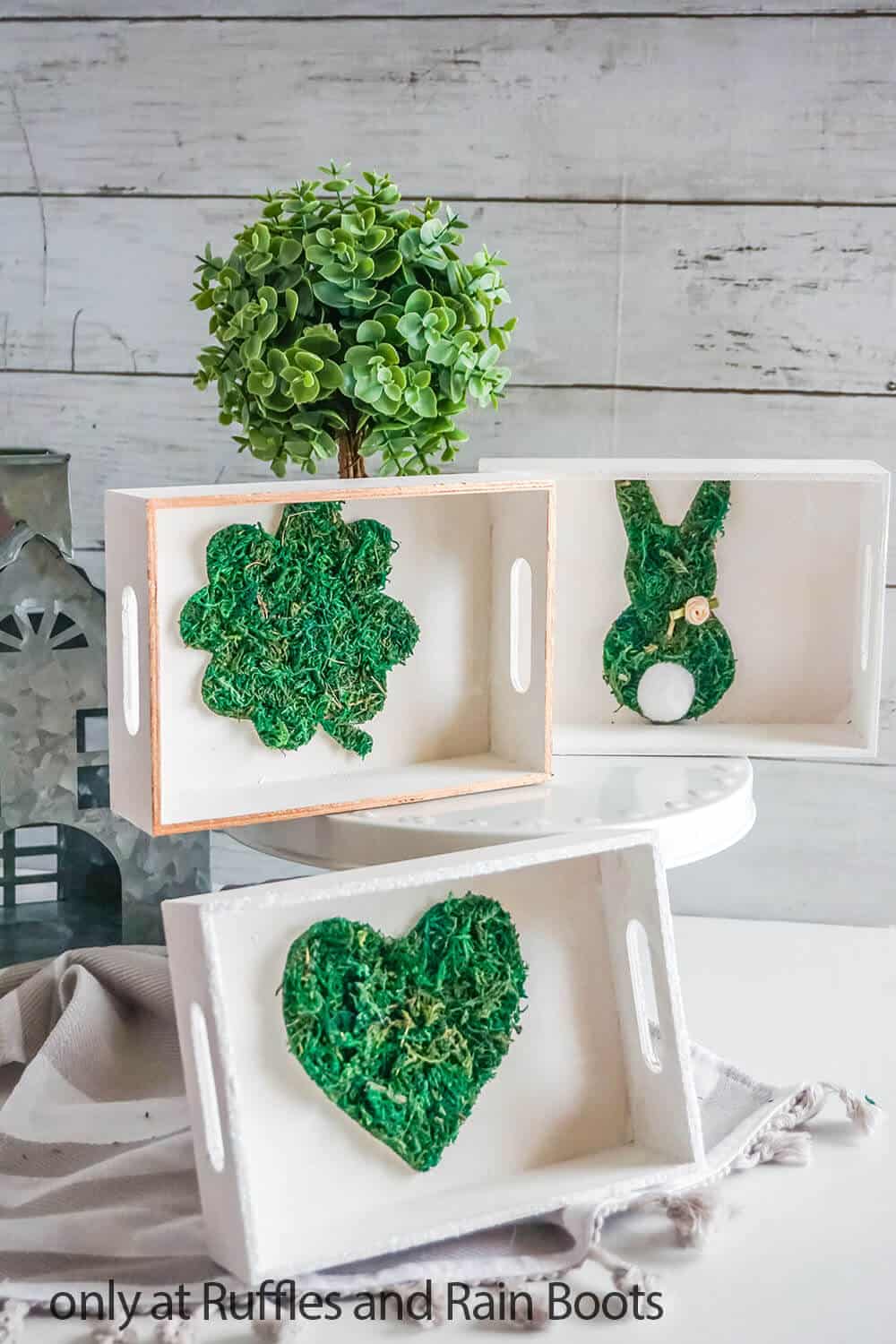 Vertical image of three moss trays from Dollar Tree supplies.