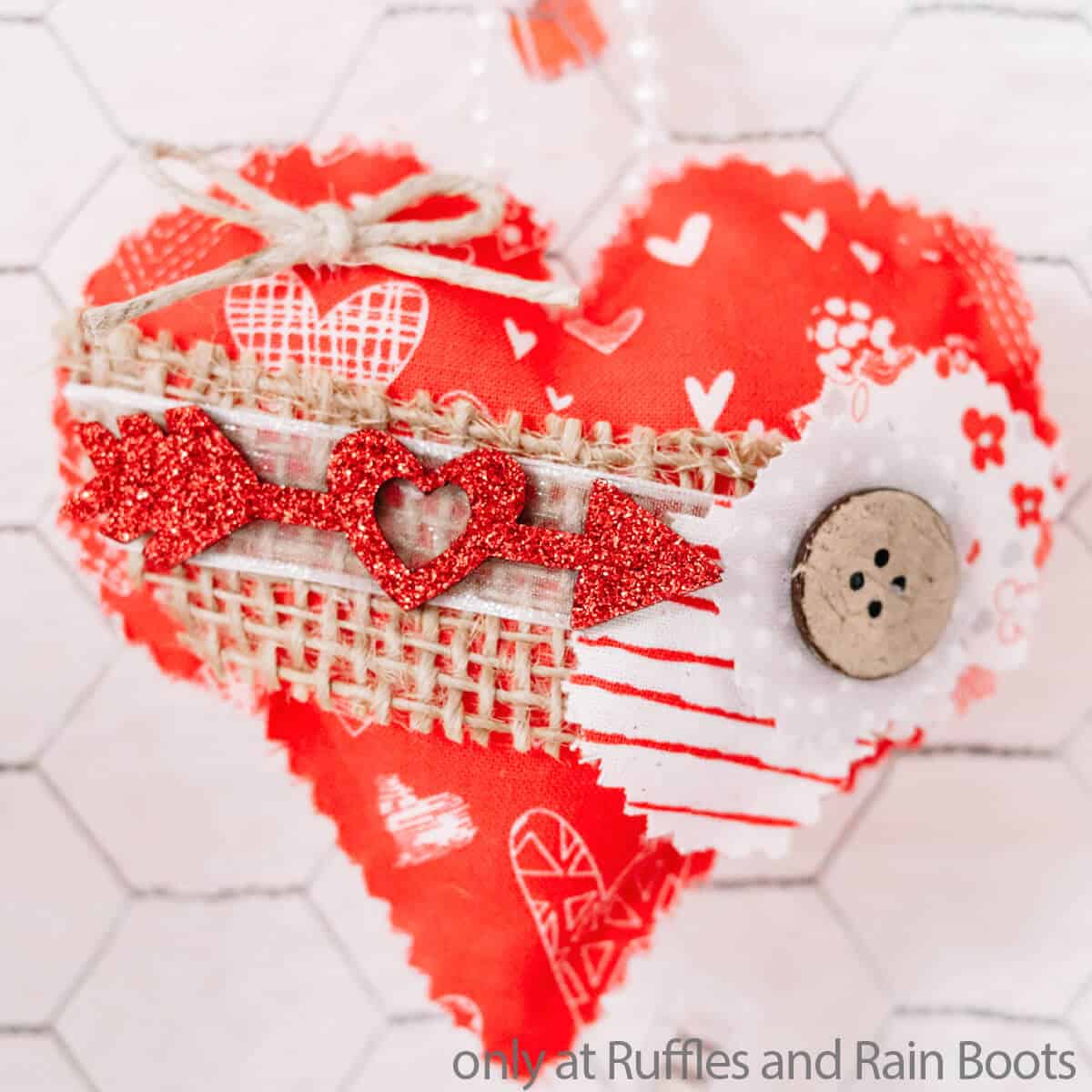 no-sew valentines heart ornaments close up with text which reads only at ruffles and rain boots.