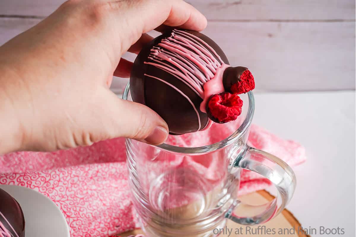 raspberry dark chocolate valentines hot cocoa bombs