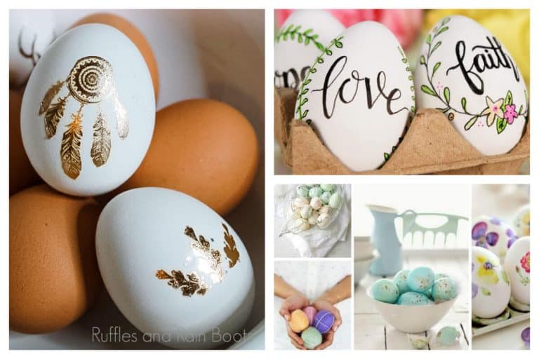 collage of farmhouse Easter egg ideas in boho, traditional, hand lettering, and staged styles