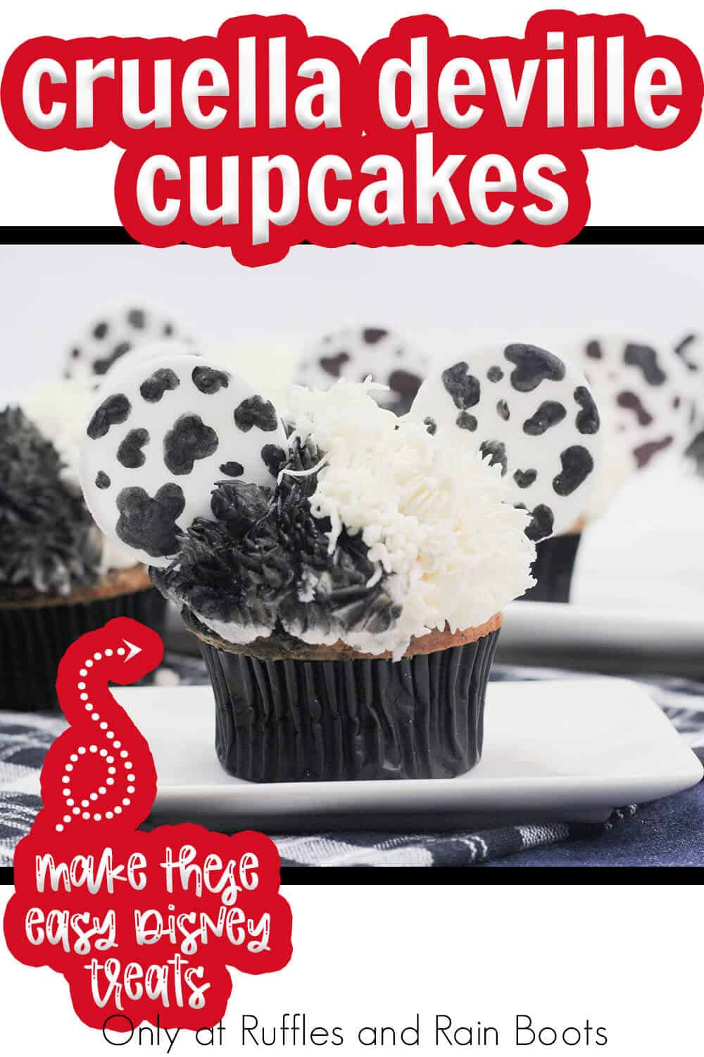 cruella and dalmations party cupcakes with text which reads cruella deville cupcakes make these easy disney treats