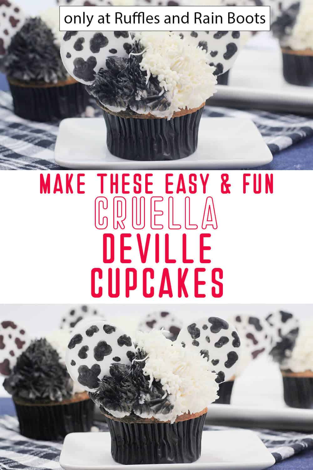photo collage disney cruella deville cupcakes with text which reads make these easy & fun cruella deville cupcakes