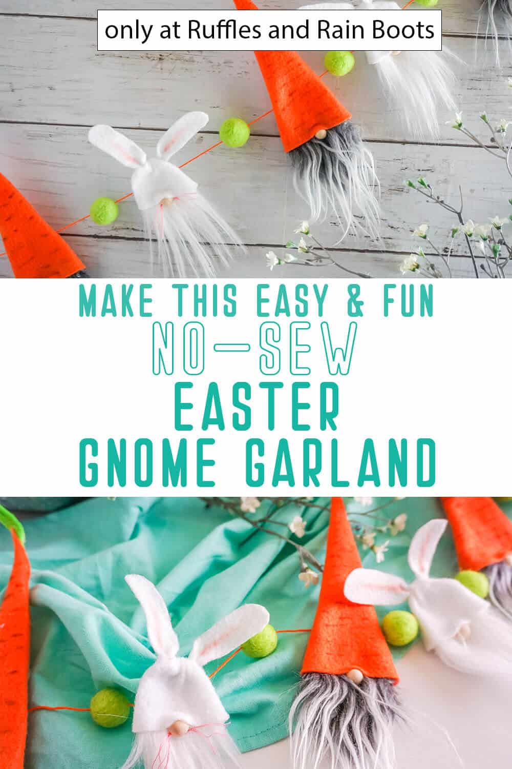 Vertical photo collage of a gnome garland for Easter gnome with text which reads make this easy & fun n sew easter gnome garland.