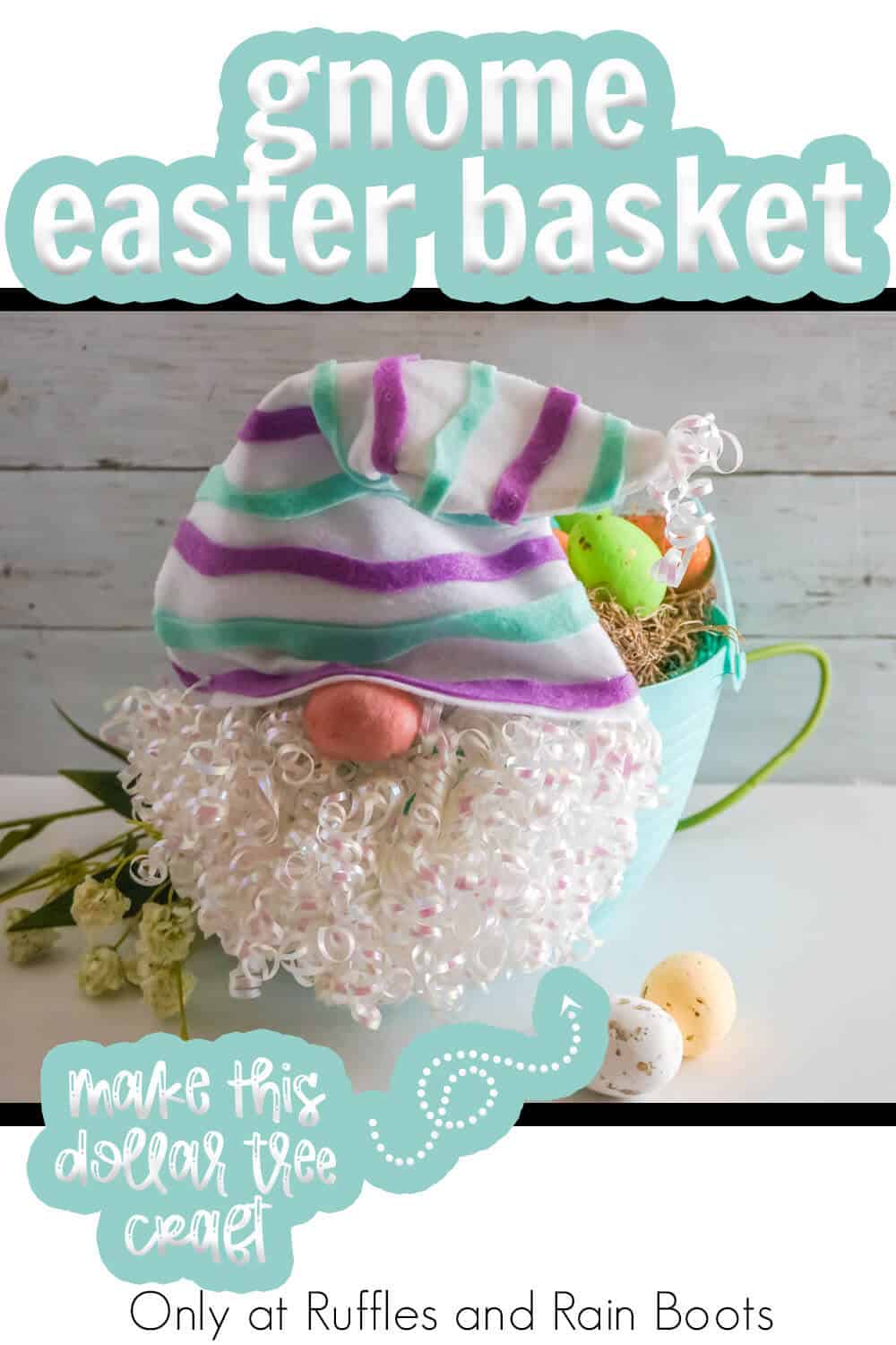 easter egg basket gnome DIY craft with text which reads gnome easter basket make this dollar tree craft