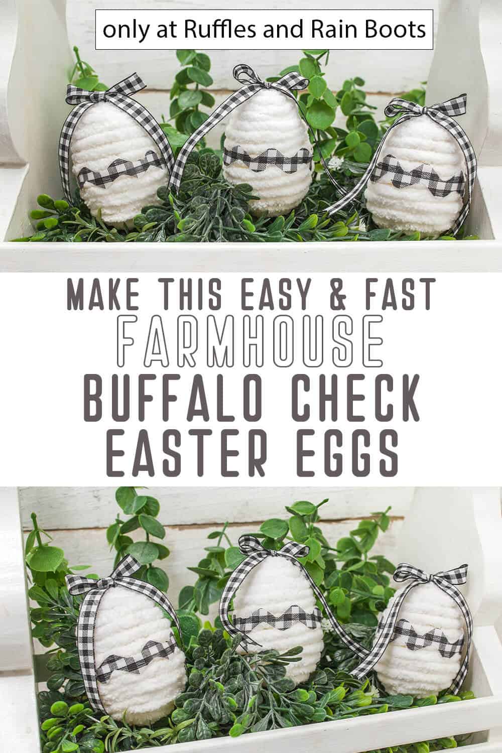 Photo collage of easter eggs for farmhouse decor with text which reads make this easy and fast farmhouse buffalo check Easter egg craft.